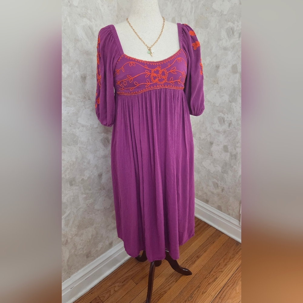 Free People Mauve Embroidered Boho Mini Dress Puff Sleeve Empire Waist XS - Picture 10 of 10
